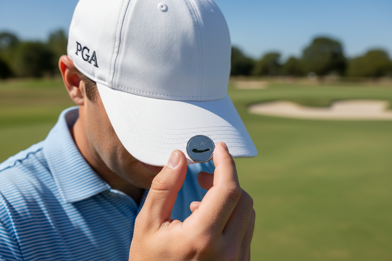 Just an image of a golfer clipping a marker on his hat